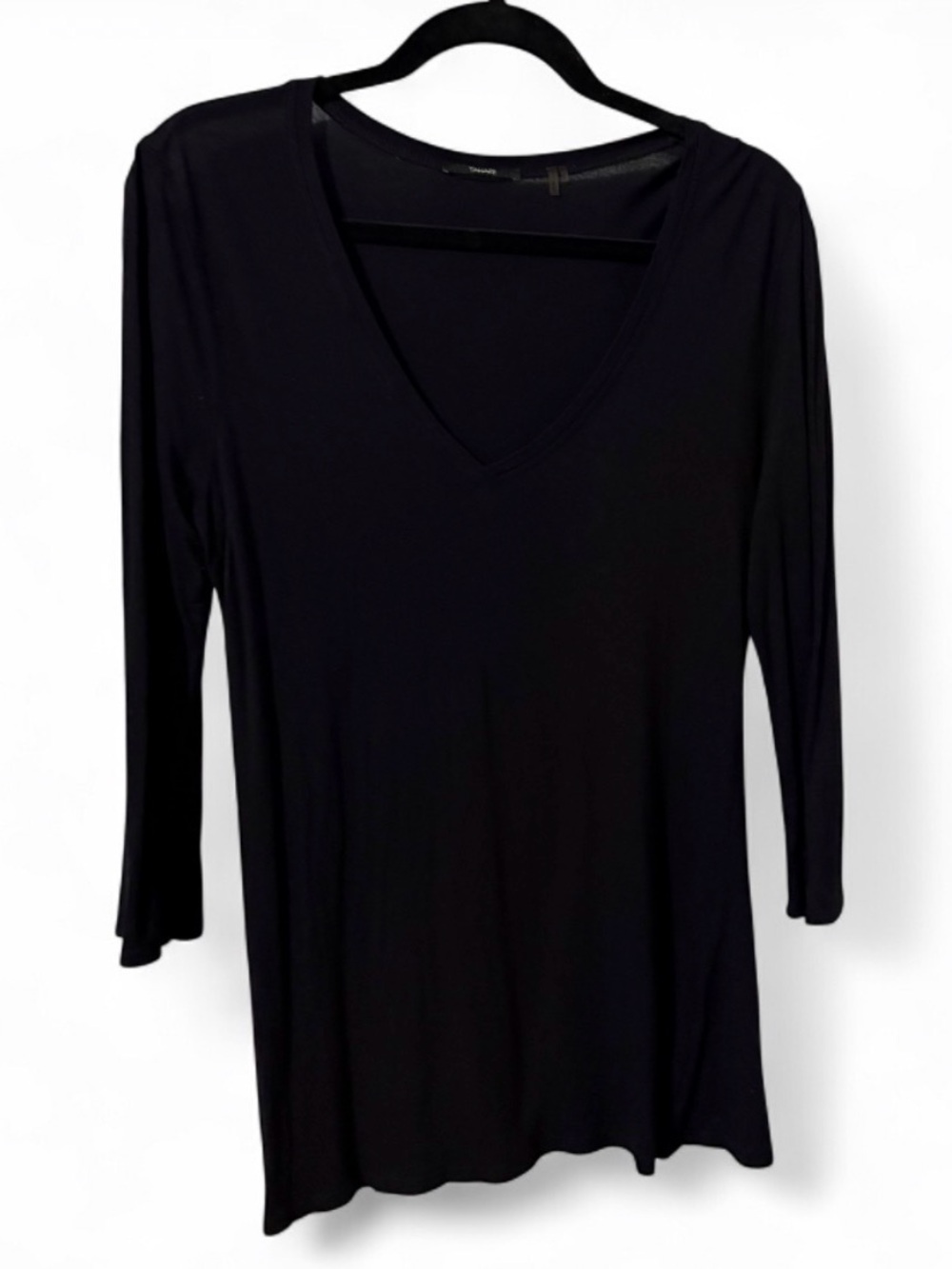 Tahari ASL Black V Neck 3/4 Sleeve Rayon Stretch Tunic Top Soft Size M
